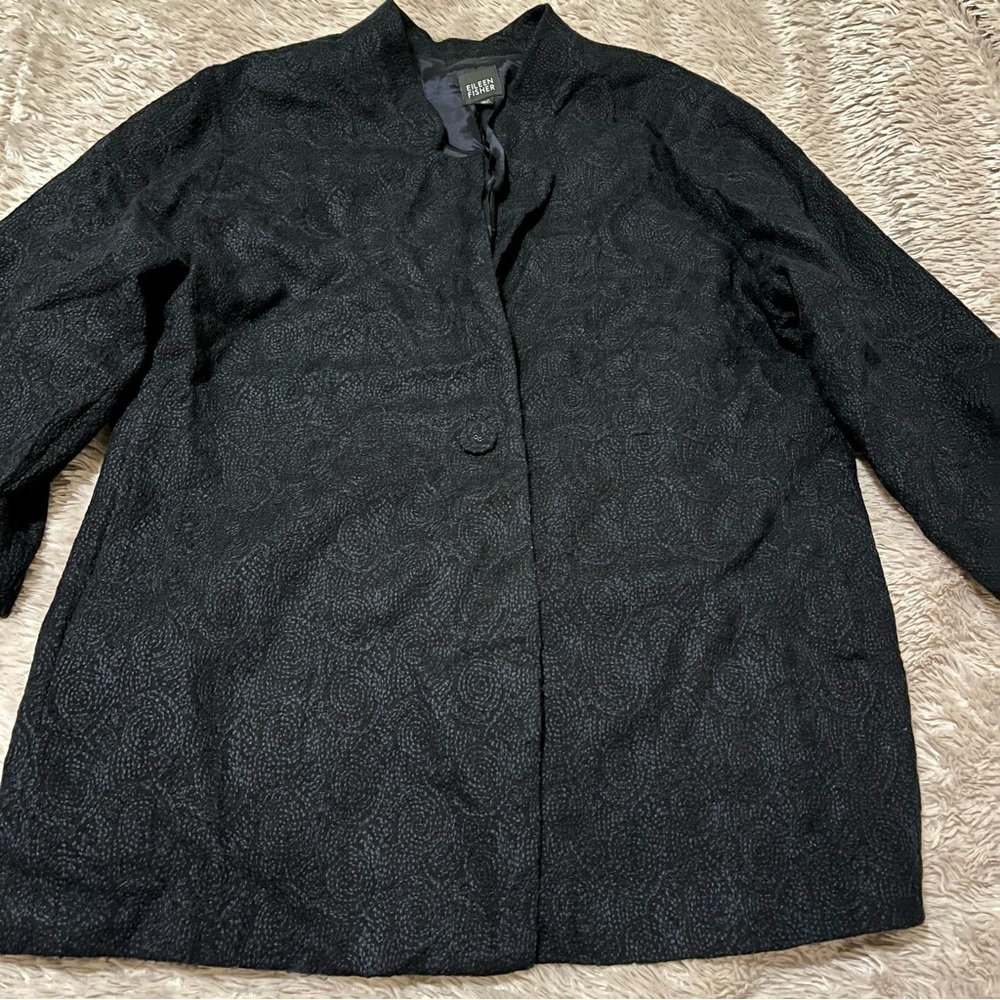 Eileen Fisher Wool Blazer Navy Blue Embroidered Swirl One Button large - Picture 2 of 10